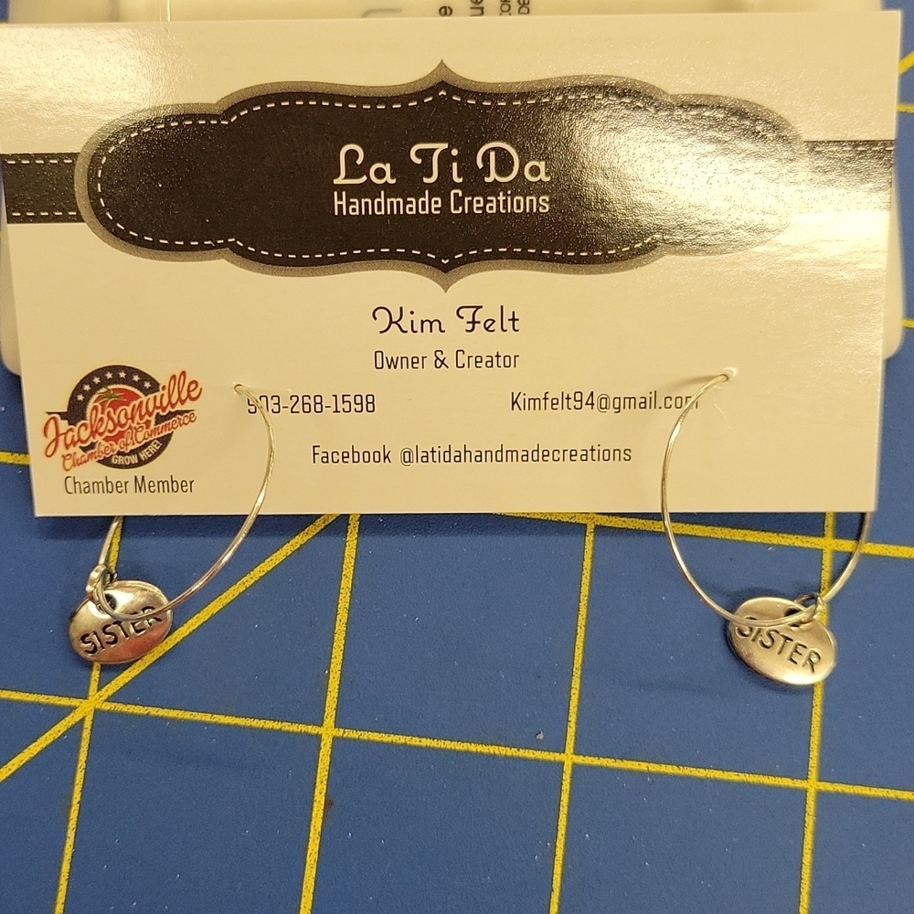 Family Silver Tone Charm Circle Earrings - Sister